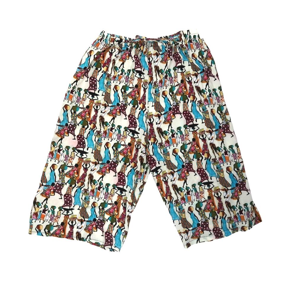 Vintage 90s Cream Boho Novelty Print Shorts Colorful Women Drawing Art S